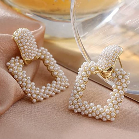 Women, Boho Faux Pearl Earrings Gold Dangle Stud Earrings Geometric Earrings